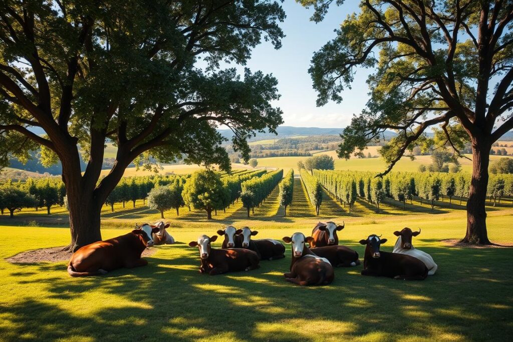 A beautifully designed silvopastoral system that showcases the harmony between animal comfort and tree components. In the foreground, a group of healthy cattle rests under the shade of large, well-placed trees, with soft sunlight filtering through the leaves, creating a serene atmosphere. In the middle ground, lush green pastures interspersed with rows of robust trees offer both shade and aesthetic appeal. The background features a rolling landscape with distant hills and a clear blue sky. The lighting is warm and inviting, with a focus on natural hues that enhance the peacefulness of the scene, captured from a slightly elevated angle for a broad perspective. The overall mood is tranquil and productive, emphasizing the balance of animal welfare and sustainable forestry.