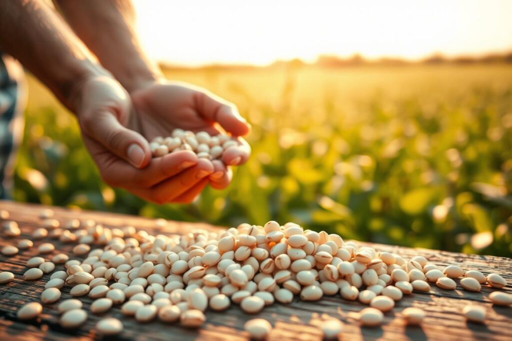 A close-up view of conventional soybean seeds scattered on a rustic wooden table, capturing their smooth, cream-colored surfaces with subtle earthy tones. In the foreground, a handful of seeds is gently held by an experienced farmer's hands, showcasing the connection to agricultural tradition. In the middle ground, a blurred background features a lush soybean field bathed in golden sunlight, hinting at the vastness of the crop. The lighting is warm and inviting, creating a sense of optimism for sustainable farming. The angle is slightly above, offering a clear view of both the seeds and the vibrant field, evoking a mood of contemplation about the future of farming practices and the importance of seed control in agriculture.