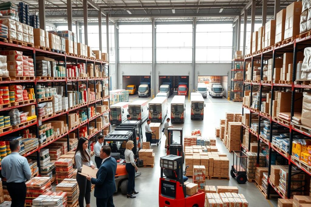 A comprehensive distribution center in Brazil, displaying shelves filled with various food items and supplies, emphasizing stock management and logistics. In the foreground, a diverse group of professionals in business attire is engaged in organizing inventory and discussing strategies. The middle section showcases workers programmed on forklifts and moving carts, diligently restocking shelves. The background reveals large loading docks with trucks ready for distribution, large windows allowing natural light to stream in, creating a bright atmosphere. The scene conveys a sense of urgency and efficiency, highlighting the importance of food supply chains. The angle should be slightly elevated, providing a full view of the bustling center while capturing the intricate details of logistics in action.