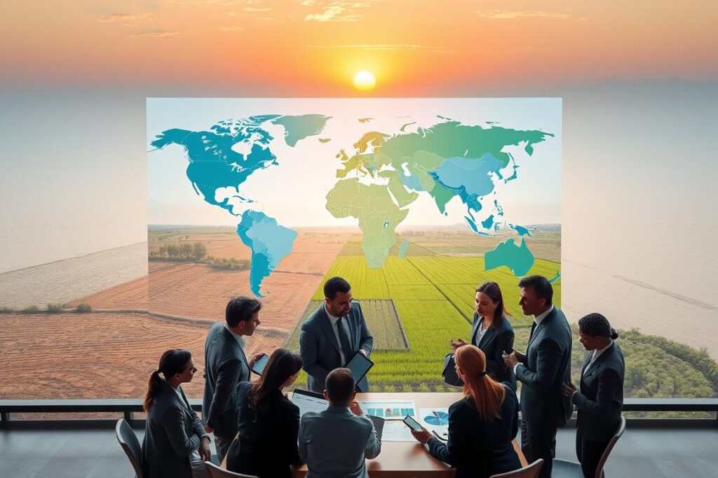 A conceptual image illustrating the analysis of water access inequality. In the foreground, a diverse group of professionals in business attire examines a large map showcasing various regions with differing water availability. They are gathered around a table, using digital tablets and charts to discuss their findings. In the middle ground, the terrain transitions from arid land with dry crops to lush green fields, symbolizing disparity. The background features a large body of water, set against a mesmerizing sunset, casting warm golden light over the scene, emphasizing the critical importance of water resources. The mood should be serious yet hopeful, highlighting the urgency of addressing water accessibility issues. Capture the image from a slightly elevated angle to provide a comprehensive view of the setting, with a focus on the professionals' expressions of determination and collaboration.