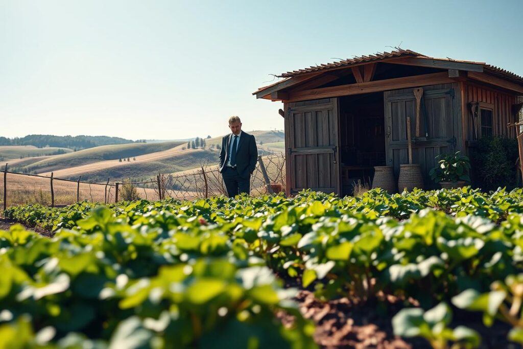 A detailed scene depicting a serene rural landscape with a focus on a well-maintained agricultural site. In the foreground, an organized vegetable garden with vibrant, lush greens and neatly rowed plants. In the middle ground, a person wearing professional business attire examines the plants closely, representing careful attention to detail. Behind them, a rustic wooden shed with tools hanging on the walls represents preparations for a successful investment. The background showcases rolling hills under a clear blue sky, with gentle sunlight casting warm, inviting lighting. The atmosphere conveys a sense of diligence and focus, emphasizing the importance of careful observation in investment decisions. The image is captured in a slightly angled view to enhance depth and interest.