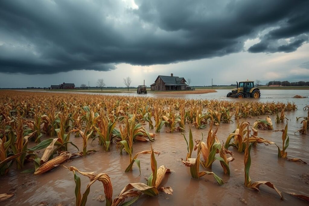 A dramatic landscape showcasing the impact of flooding on agricultural fields. In the foreground, a devastated crop field with wilted corn stalks submerged in muddy water, highlighting the damaged produce. In the middle ground, a rural farmhouse appears partially flooded, with debris scattered around, and an abandoned tractor struggling in the water. In the background, dark storm clouds loom ominously, hinting at recent extreme rainfall. Soft, diffused lighting breaks through the clouds, creating a somber atmosphere. A wide-angle perspective emphasizes the extent of the flooding. The scene conveys a sense of urgency and loss, illustrating the dangers of extreme weather on agriculture and rural infrastructure.