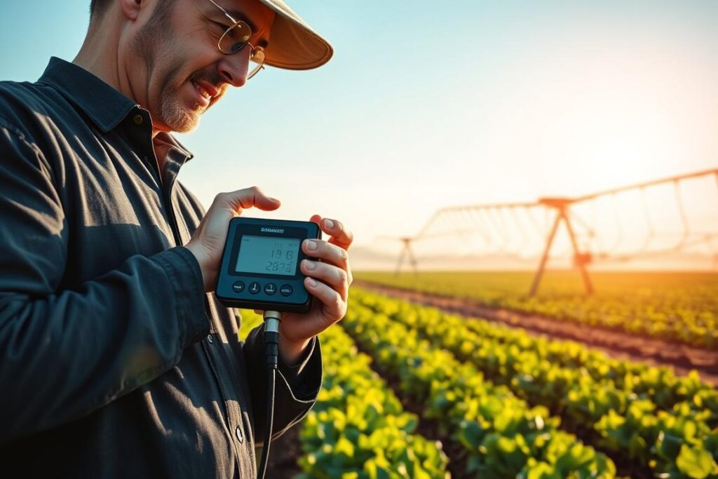 A modern agricultural landscape showcasing intelligent management using soil tensiometers and moisture sensor technology for precision irrigation. In the foreground, a close-up of a hands-on farmer inspecting a soil moisture sensor device, wearing professional business attire. The middle ground features a lush, green crop field with visible moisture levels indicated by digital readings. In the background, a high-tech irrigation system with pivot sprinklers and a clear blue sky, illuminated by warm sunlight, creating a sense of hope and innovation. The atmosphere conveys a blend of sustainability and technological advancement, emphasizing efficiency and conservation in water usage. The scene captures a harmonious blend between nature and modern agriculture.