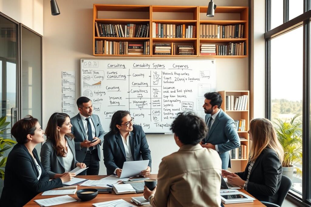 A modern office setting showcasing a vibrant collaborative environment. In the foreground, a diverse group of four professionals in business attire are engaged in a dynamic discussion, surrounded by paperwork and digital devices. The middle ground features a large whiteboard filled with charts and notes about consulting, accounting, insurance, banking, and traceability systems. In the background, shelves lined with books on finance and management and a large window showing a sunny landscape outside. Warm, natural lighting creates an inviting atmosphere. The camera angle is slightly above eye level, capturing the intensity and focus of the group while providing context to their professional environment. The mood is energetic and forward-thinking, emphasizing the importance of support networks in business.