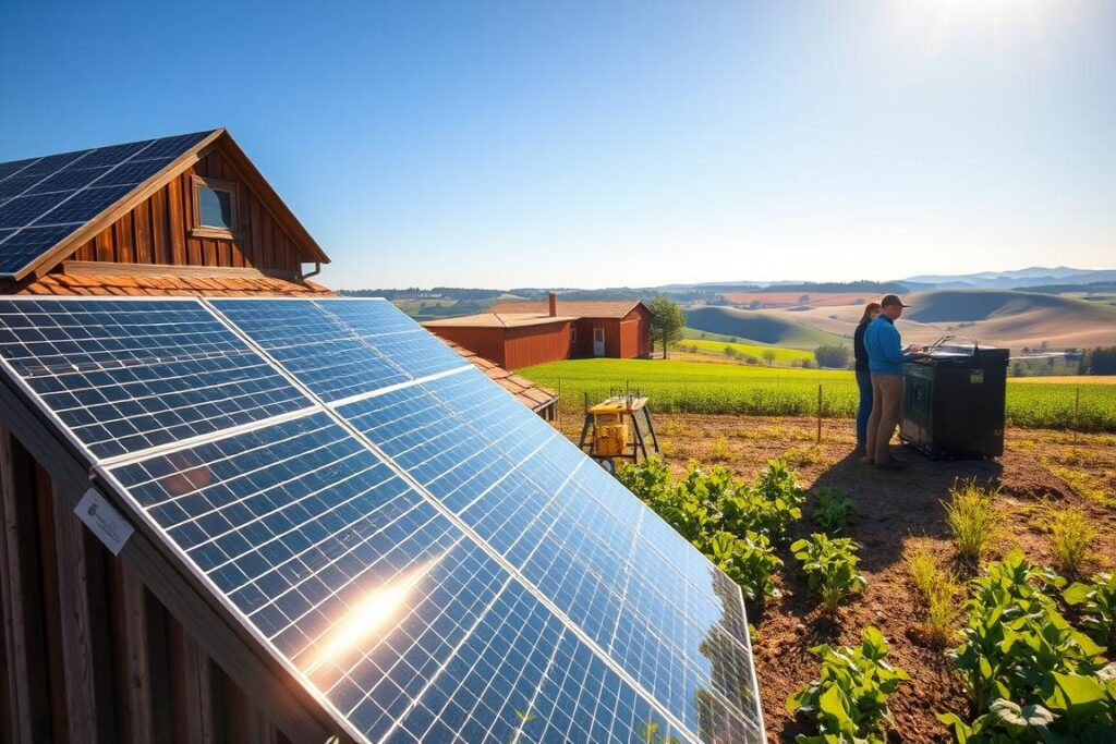 A picturesque rural landscape depicting an off-grid solar system for a self-sufficient farm. In the foreground, showcase a vibrant solar panel array installed on a rustic barn roof, reflecting the sunlight in a glistening manner. Include farming tools and lush green crops to symbolize productivity, with a couple of farmers in modest casual clothing discussing their setup. In the middle ground, illustrate large battery storage systems connected to the panels, emphasizing the technical aspect of energy storage. In the background, portray rolling hills and a bright blue sky, creating a serene and hopeful atmosphere. Soft, natural lighting enhances the rural charm, while a wide-angle perspective captures the expansive view of the farm.