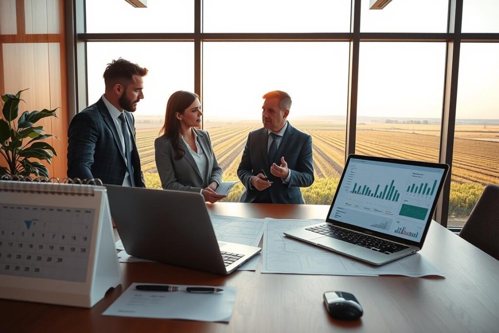 A professional business environment depicting a sophisticated meeting on farm management. In the foreground, a desk with agricultural blueprints, a calendar, and a laptop displaying data analytics related to maintenance and pricing strategies. In the middle, two diverse professionals in business attire engage in discussion, one pointing at a chart and the other taking notes. The background features a large window with a view of expansive farmland under soft morning light, symbolizing growth and opportunity. The ambiance is focused and collaborative, with warm colors creating a sense of productivity and foresight, emphasizing the importance of planning in business operations.