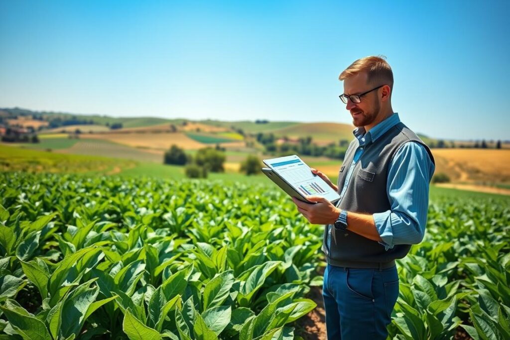 A professional farmer evaluating agricultural land, standing focused in a sunlit field, studying a tablet displaying charts comparing land prices, production levels, and lease agreements. In the foreground, lush green crops are thriving, representing successful investment, while the middle distance shows a diverse landscape of fields with various crops. In the background, rolling hills under a bright blue sky add depth to the scene. The farmer, dressed in smart business casual attire, showcases a sense of purpose and determination. The lighting is warm and inviting, casting soft shadows that enhance the vibrant greens and earthy tones. The atmosphere conveys optimism and the practicality of investing in agriculture with limited capital, emphasizing the theme of strategic decision-making.