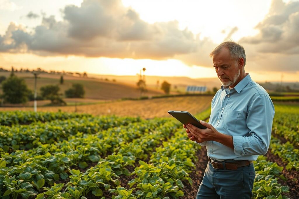 A serene agricultural landscape depicting a farm under both sunny and cloudy skies, symbolizing economic and climatic vulnerability. In the foreground, a professional agronomist in smart casual attire examines soil samples with a digital tablet, showcasing modern techniques of measurement. In the middle ground, various crops thrive alongside patches showing signs of stress, reflecting environmental challenges. In the background, rolling hills and distant trees create depth, while a weather station and solar panels emphasize the integration of technology in agriculture. The lighting is soft and natural, with golden hour hues casting a warm glow. The overall atmosphere conveys a sense of urgency and hope, focusing on sustainability and resilience in farming.