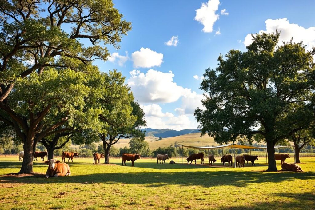 A serene agricultural landscape featuring cattle resting under shaded areas. In the foreground, display well-structured trees providing natural shade, with their foliage casting intricate patterns on the ground. In the middle ground, include a modern shade cloth setup, elegantly designed to cover grazing areas, integrated within the scenery. The background should showcase rolling hills under a bright blue sky with fluffy clouds, emphasizing a calm and inviting atmosphere. Use soft, golden sunlight to create warm highlights and shadows, enhancing depth. The lens should capture this idyllic scene from a low angle, showcasing the trees and shade structures prominently while creating a sense of spaciousness. The overall mood is peaceful, reflecting an ideal environment for cattle comfort and wellbeing.