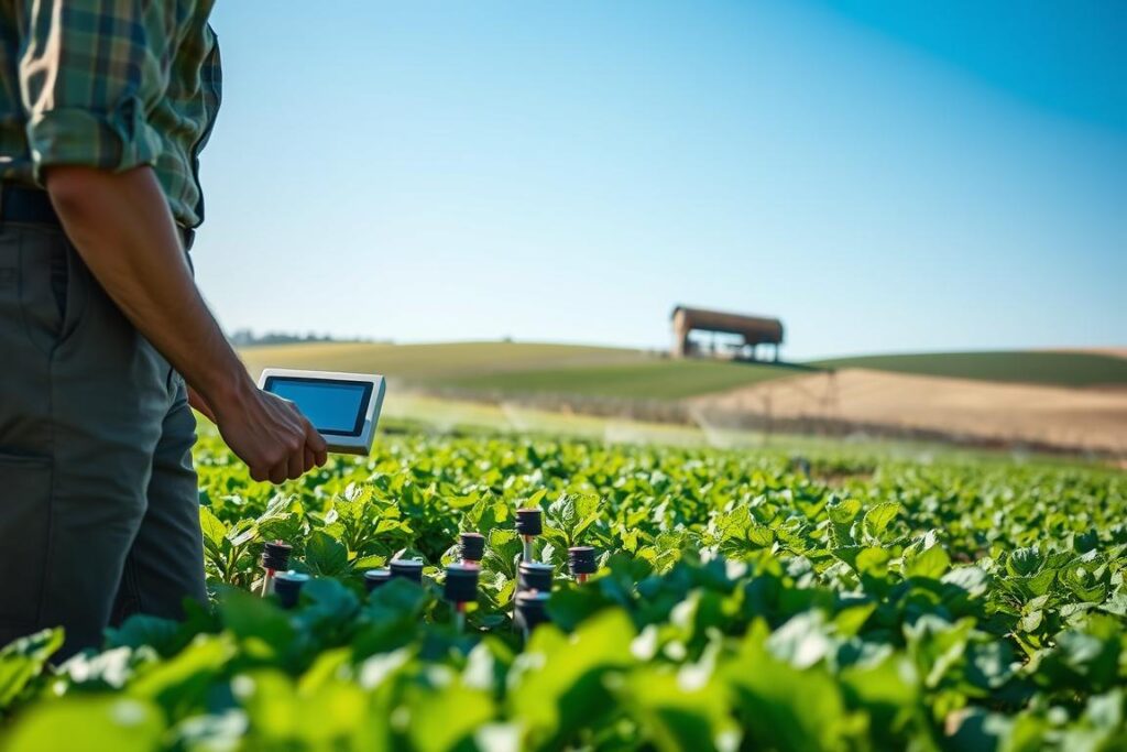 A serene agricultural setting showcasing modern irrigation technology. In the foreground, a farmer, dressed in modest casual clothing, checks a digital irrigation control panel, surrounded by lush green crops. In the middle ground, various soil moisture sensors are scattered amongst the plants, with their lights indicating varying moisture levels. The background features rolling fields under a clear blue sky, hinting at an automated irrigation system that sprinkles water evenly across the land. Soft natural sunlight bathes the scene, casting gentle shadows. The atmosphere is harmonious and productive, emphasizing the role of technology in sustainable agriculture.