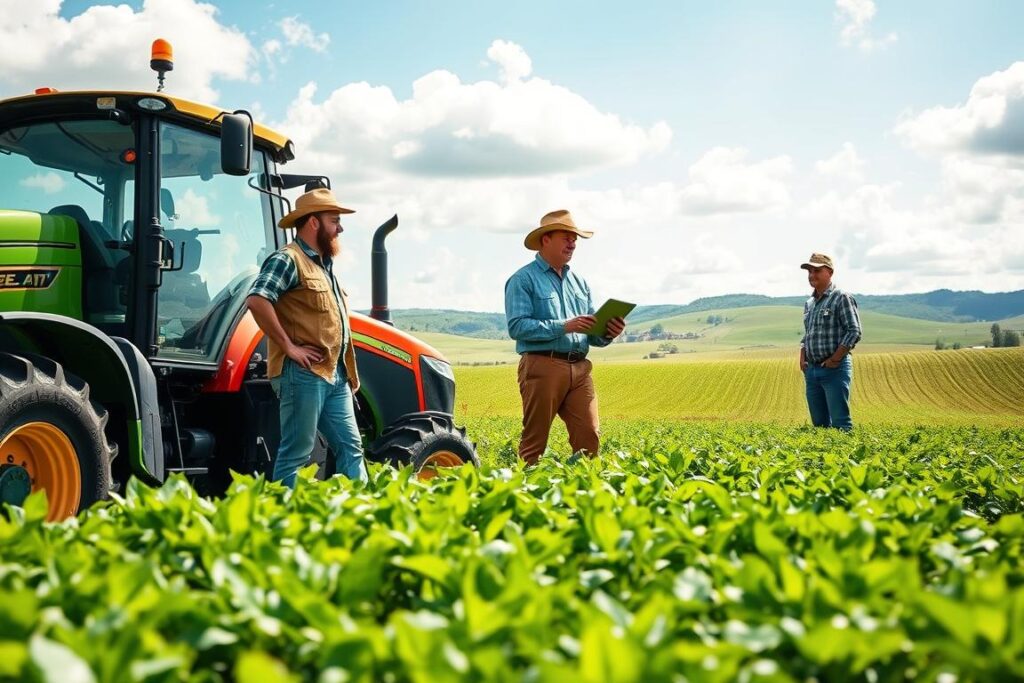 A vibrant agricultural scene illustrating the synergy of machinery, labor, and knowledge in farming. In the foreground, a diverse group of three farmers in professional casual clothing interact with modern agricultural machines, showcasing teamwork. In the middle ground, lush fields stretch out, with one farmer operating a tractor while another examines crop health, holding a tablet to symbolize knowledge and technology. The background features rolling hills under a bright blue sky with fluffy clouds, indicating a productive, sunny day. Use soft, natural lighting to create a warm and inviting atmosphere. The scene should convey a sense of collaboration, innovation, and progress in modern agriculture, captured with a wide-angle lens to emphasize the vastness of the landscape and the machinery in use.