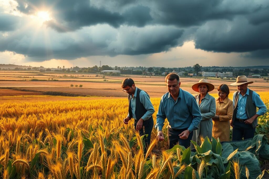 A vibrant, detailed scene illustrating current food crises and agricultural resilience. In the foreground, a diverse group of farmers in professional attire work diligently in a lush field, showcasing crops like wheat and vegetables. They are focused and collaborating, symbolizing strength and unity. In the middle ground, depict a contrasting backdrop of weathered farmland suffering from drought and pests, highlighting vulnerabilities. Include subtle hints of urban areas to illustrate food supply challenges. The background features stormy clouds and a hint of sunlight breaking through, symbolizing hope and resilience. Use soft, warm lighting to create an uplifting yet realistic atmosphere, suggesting a blend of struggle and determination. Capture this scene from a slightly elevated angle to encompass both the challenges and the efforts in agricultural production.