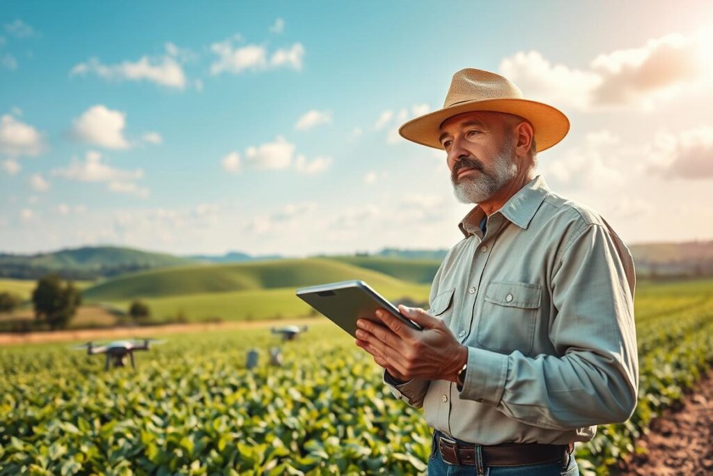 A vibrant rural scene depicting a wise farmer thoughtfully examining agricultural technology, symbolizing critical discernment in its use. In the foreground, the farmer, dressed in modest, professional business attire, holds a tablet displaying data, with a contemplative expression. The middle-ground features a field with various technologies, such as drones and sensors, amidst lush crops. In the background, rolling hills under a bright blue sky with soft clouds create an atmosphere of openness and possibility. The sunlight casts a warm glow, enhancing the sense of innovation and reflection. The image conveys a mood of balance between tradition and modernity, emphasizing the theme of technological sovereignty in agriculture.
