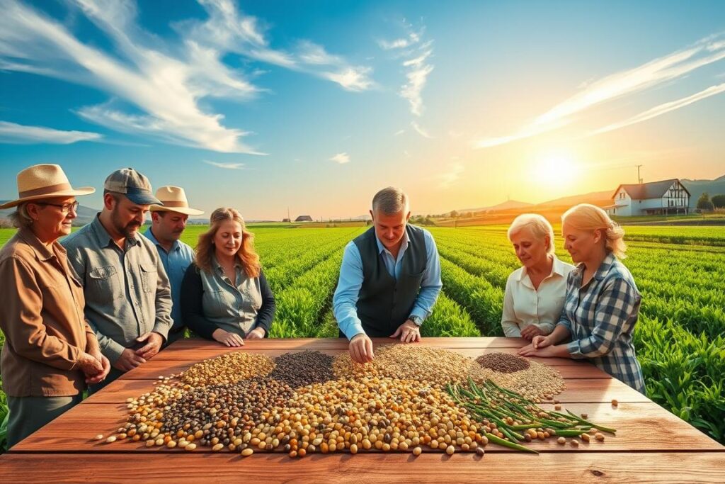 A vibrant scene illustrating the economic, legal, and spiritual responsibilities of seed reproduction. In the foreground, a diverse group of farmers of varying ages and ethnicities, dressed in professional attire, are attentively examining a variety of seeds spread on a wooden table. In the middle ground, lush green fields stretch under a bright blue sky, with rows of crops symbolizing growth and sustainability. The background features a distant farmhouse and a soft, golden sunset, casting warm light across the landscape. The overall mood is one of hope and responsibility, emphasizing a connection between agriculture, community, and the future of food security.