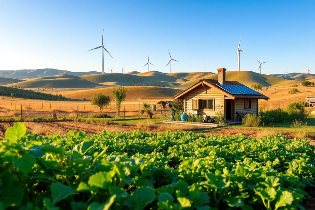 A vibrant scene showcasing a self-sufficient farm (chácara) in a rural setting, emphasizing the cost-effective implementation of sustainable practices. In the foreground, a well-organized vegetable garden with a variety of crops, illustrating permaculture techniques. In the middle ground, a small, eco-friendly house made from natural materials, with solar panels on the roof and a rainwater collection system. In the background, rolling hills under a clear blue sky, with wind turbines dotting the landscape, symbolizing renewable energy. Soft, warm lighting suggests a late afternoon, casting gentle shadows. The atmosphere should evoke a sense of tranquility and prosperity, highlighting the theme of sustainability and practical investment in autonomous living. No text or human figures included.