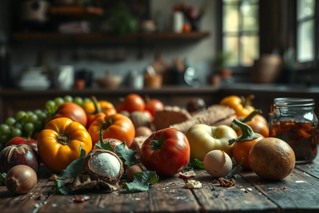 A vibrant still life scene illustrating food perishability, prominently featuring a variety of fresh fruits and vegetables in the foreground, some decaying or wilting to indicate spoilage. The middle ground includes a rustic wooden table with scattered items like a broken egg, stale bread, and a jar of moldy preserves. In the background, a blurred kitchen setting with soft, natural light filtering through a window, creating a warm yet somber atmosphere. Use a shallow depth of field to focus on the decayed food items, while the background remains subtly out of focus to enhance the sense of loss. Aim for a moody ambiance, conveying urgency and the impact of food waste, while maintaining a visually appealing composition.