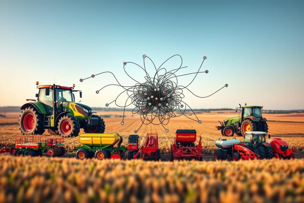 A visually striking image illustrating the concept of ISOBUS universal incompatibility between tractors and implements. In the foreground, display a modern tractor and various agricultural implements, all clearly distinct but visually disconnected, symbolizing their inability to communicate. In the middle ground, depict a tangled web of wires and communication signals, representing the complexity of ISOBUS connectivity. The background should showcase a vast agricultural landscape with fields and a clear sky, enhancing the feeling of isolation among the equipment. Use soft natural lighting to create a calm and contemplative mood, with a slight lens blur on the background to focus on the foreground. The angle should be a slightly elevated perspective, conveying a sense of overview and insight into the technological challenge.