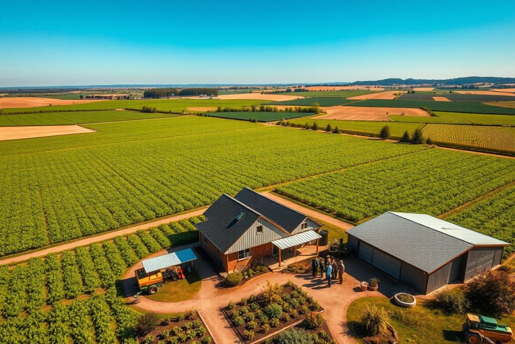 Aerial view of a vast agricultural land, showcasing a rich green hectare filled with rows of crops, thriving under a clear blue sky. In the foreground, a modern farmhouse with a rustic appeal, surrounded by a well-maintained garden and farm equipment neatly arranged. In the middle ground, a diverse group of professional individuals in business attire, engaging in a discussion about land management, examining maps and financial reports. The background features rolling hills and distant farmland, bathed in warm, golden sunlight, creating an inviting atmosphere of prosperity and opportunity. Capture the scene with a wide-angle lens to emphasize the expansive landscape, with a focus on natural colors and soft shadows, conveying a sense of hope and industriousness in agricultural investment.