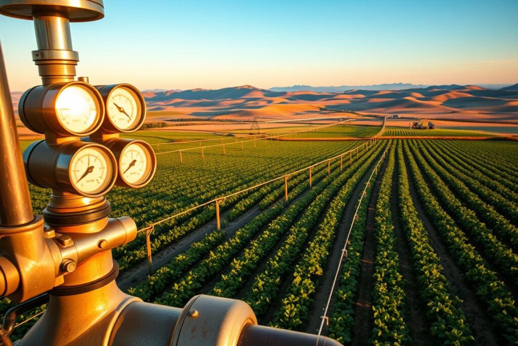 An aerial view of a sprawling agricultural landscape during golden hour, showcasing various irrigation systems in operation. The foreground features a close-up of a water pumping station, with gauges and pipes reflecting sunlight, indicating the energy costs of water pumping. In the middle ground, rows of green crops are visible, with irrigation lines visibly running through them. The background captures rolling hills and a serene blue sky, enhancing the rural setting. The overall atmosphere conveys a sense of urgency and tension as farmers evaluate their energy expenditures. The lighting is warm and inviting, emphasizing the tranquility of the landscape, while underscoring the critical theme of irrigation cost management to ensure sustainable farming.